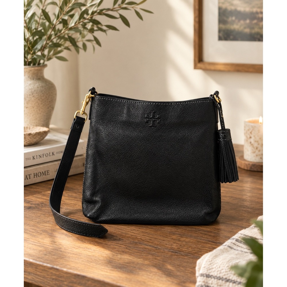 Tory Burch McGraw Black Pebbled Leather Crossbody Shoulder Bag Gold Tassel